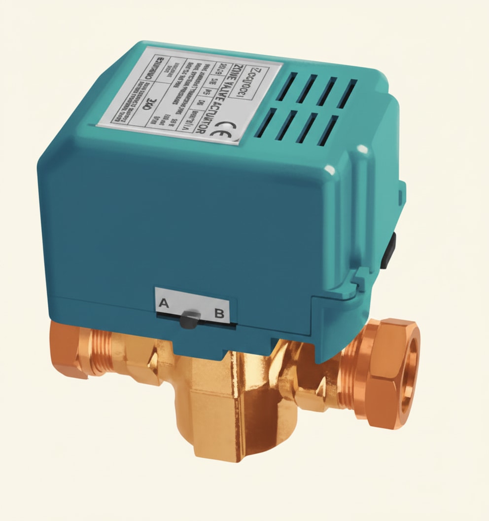 Two-port motorised zone valve used to control flow to a single heating or hot water circuit