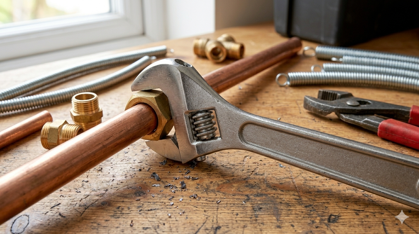 An adjustable spanner with a movable jaw set by a worm gear