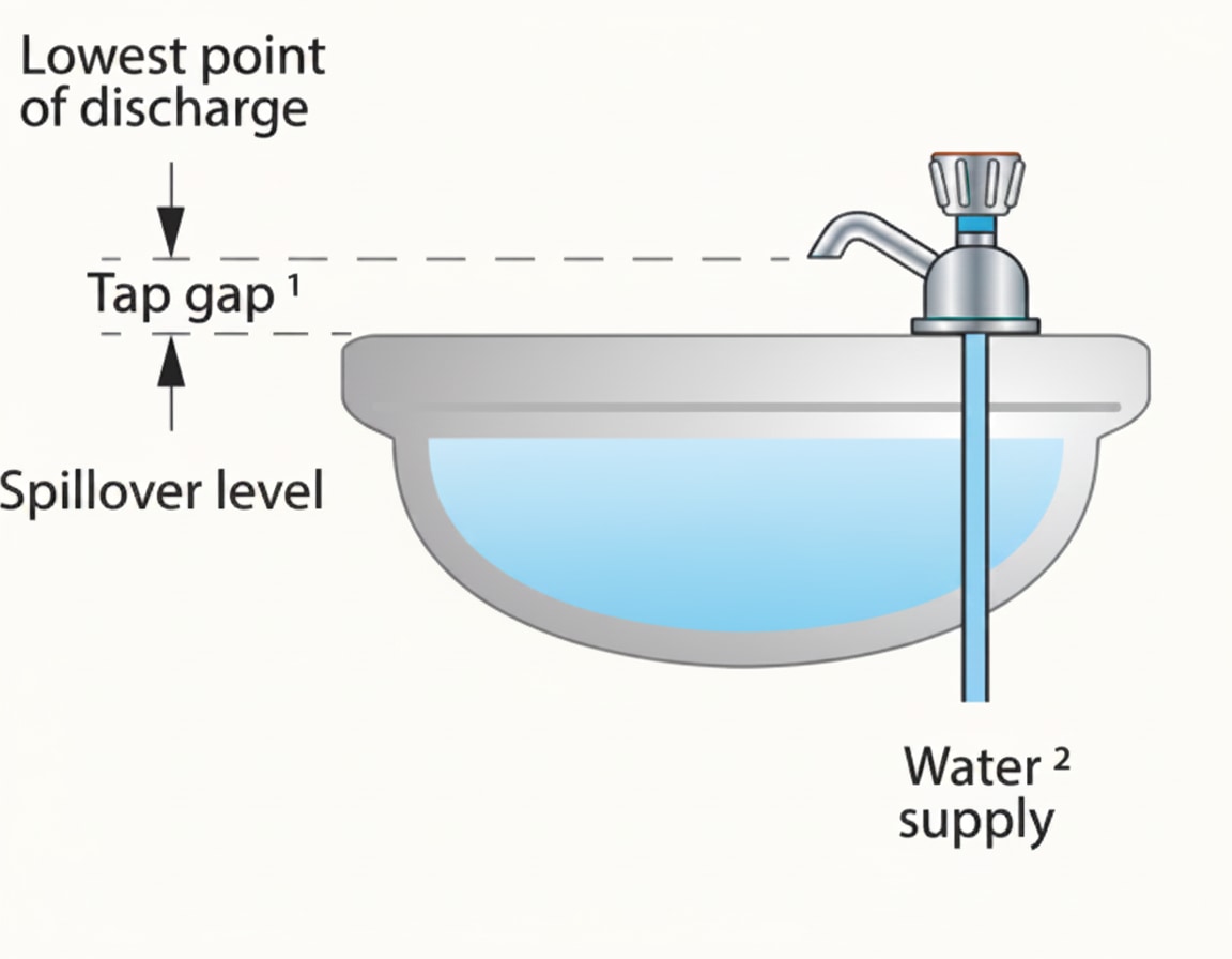 Photograph showing an air gap between a tap outlet and the water level beneath, the simplest form of backflow prevention