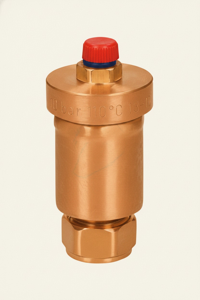 Brass automatic air vent with red float-controlled cap, fitted at high points to release trapped air automatically