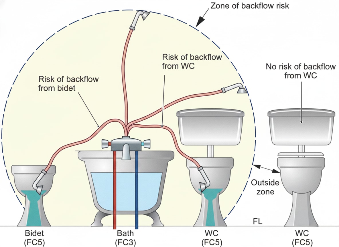 Diagram showing the backflow risk zones around a bath, bidet and WC, illustrating why these locations need specific backflow protection