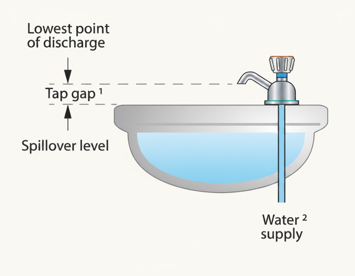 Type AUK2 air gap at a wash hand basin tap, the minimum gap between the tap outlet and the spillover level