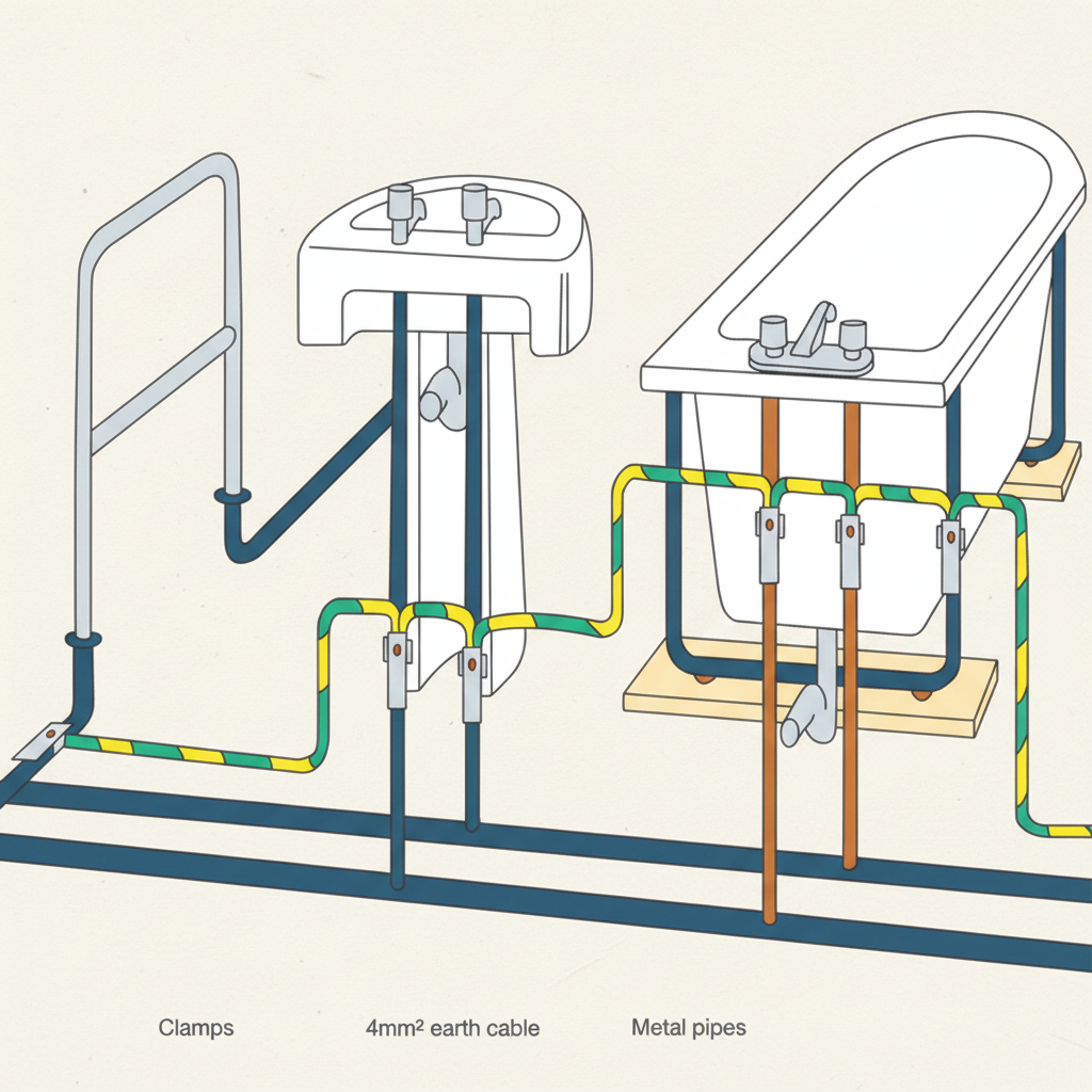 Bathroom with basin and bath, all metal pipes interconnected by yellow and green supplementary bonding cables