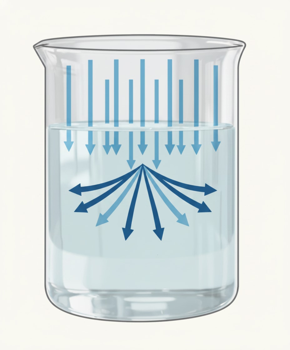 Beaker of liquid illustrating that pressure exerted by a liquid acts in all directions and depends on depth