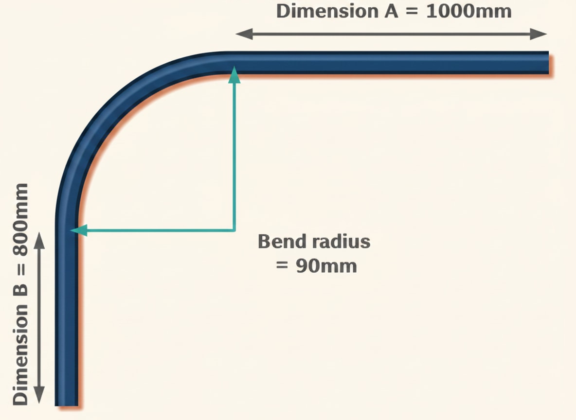 Bend calculation diagram showing a 15mm copper pipe with a 90-degree bend and labelled centre-to-centre dimensions