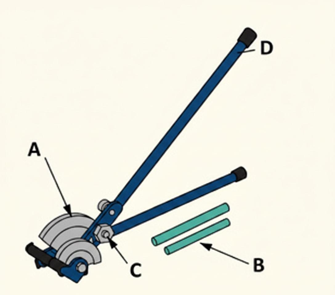 Labelled diagram of a bending machine showing the former, back-guide, roller and stops