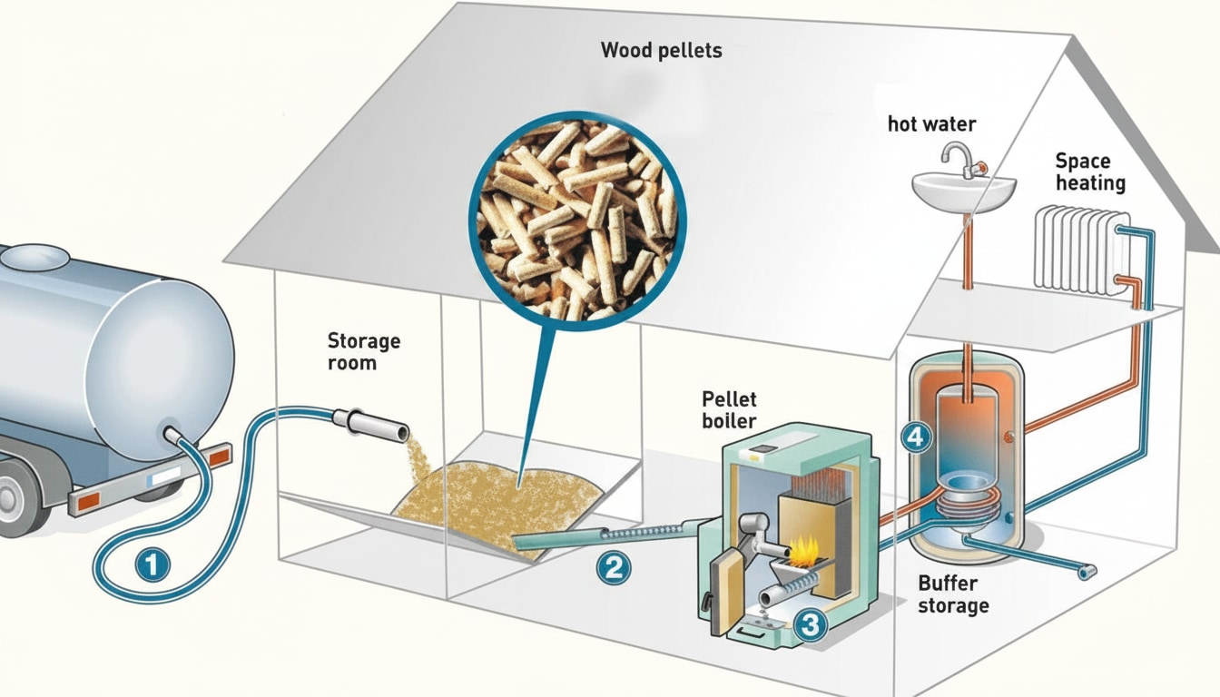 A biomass boiler installation showing the wood pellet hopper, boiler unit and accumulator buffer cylinder
