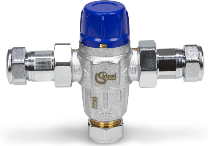 A thermostatic blending valve that mixes hot and cold water to a safe controlled outlet temperature