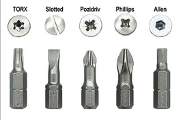 The five common screw drives: Torx, slotted, pozidriv, Phillips and Allen, with matching bits