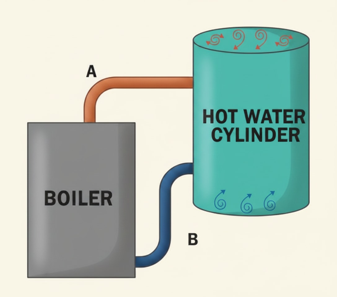 Diagram of water being heated in a boiler showing convection currents as warm water rises and cooler water sinks