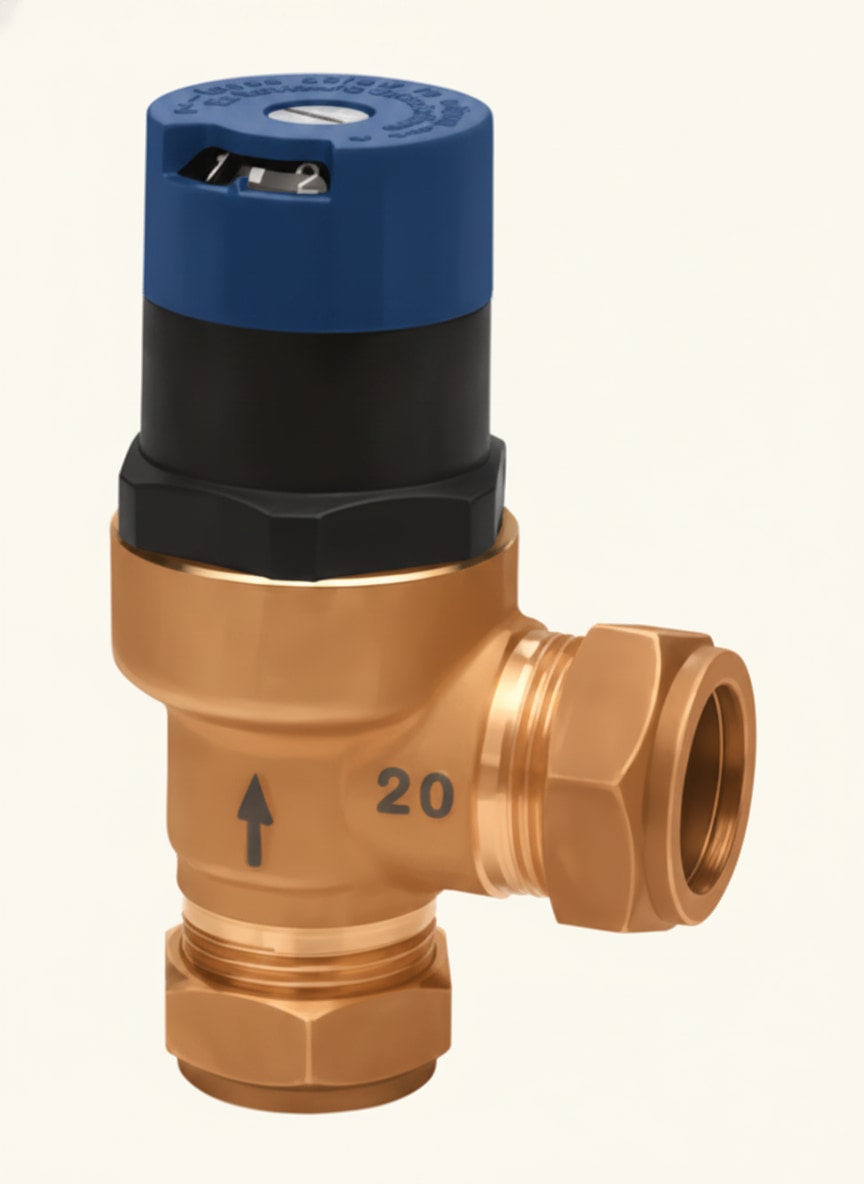 Automatic bypass valve fitted between flow and return to relieve pump pressure when zone valves close