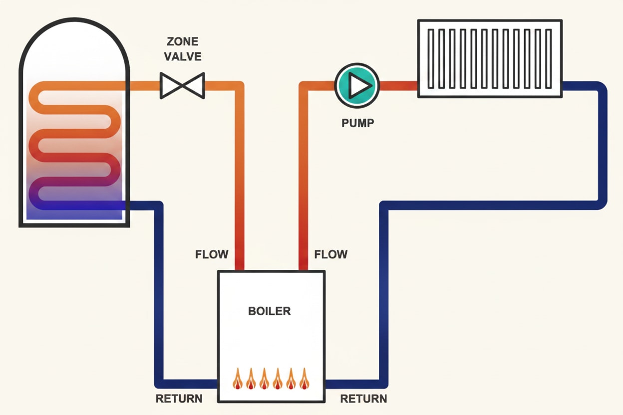 C-plan semi-gravity heating system diagram with pumped heating circuit and gravity-fed hot water primary