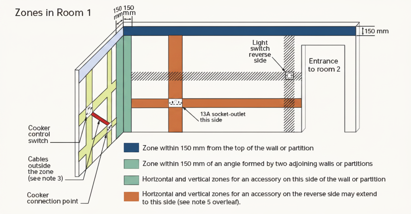 Diagram showing the safe zones in a room for hidden cables, including the 150mm zones around walls and ceilings and the 50mm depth rule