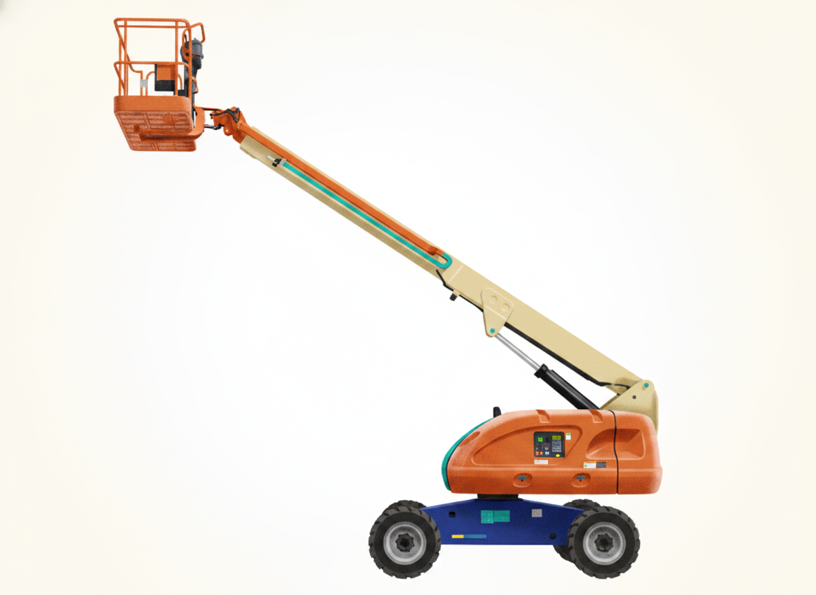 Cherry picker boom-lift MEWP with the basket extended on an articulated arm