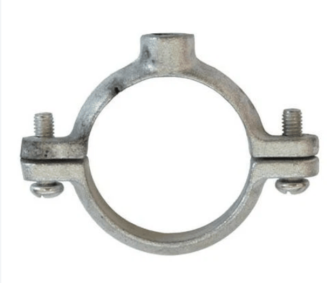 A cast steel pipe clip photographed on white: a band in two halves, joined by a screw at each side, with a threaded socket on top
