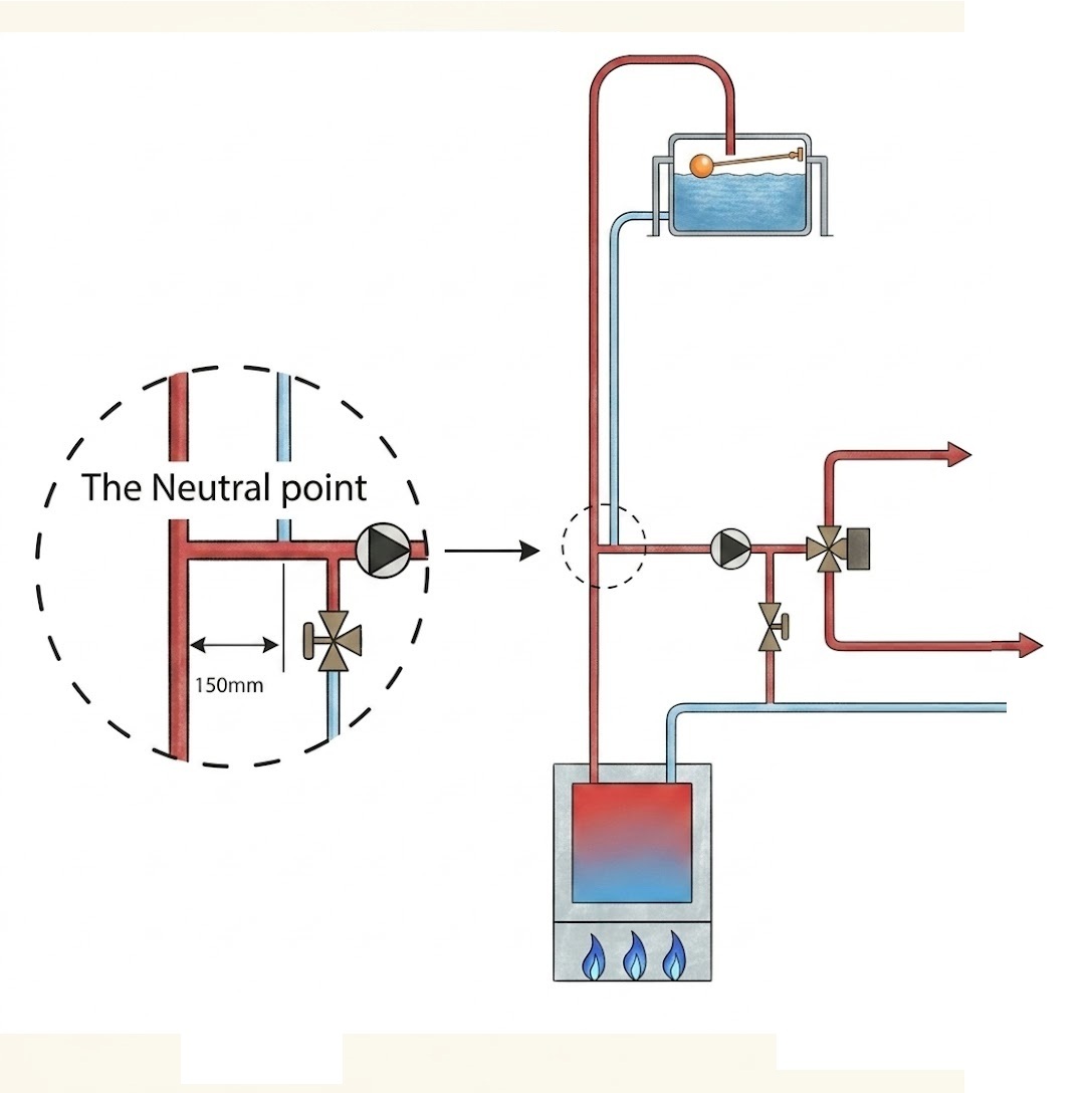 Open-vented heating layout with the neutral point magnified to show the 150mm maximum distance between the cold feed and open vent connections