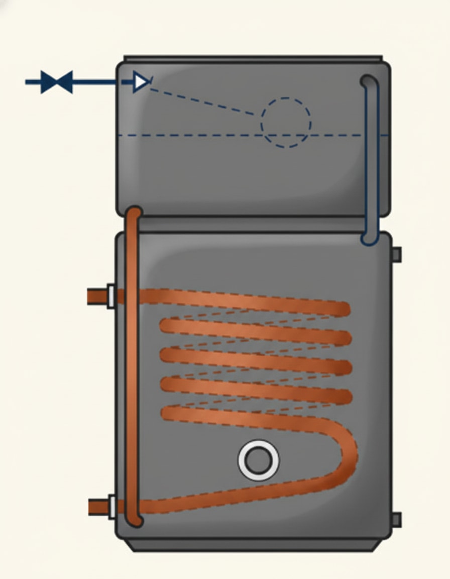 Combination hot water cylinder with the cold water storage cistern integrated on top of the cylinder, used where loft space is limited
