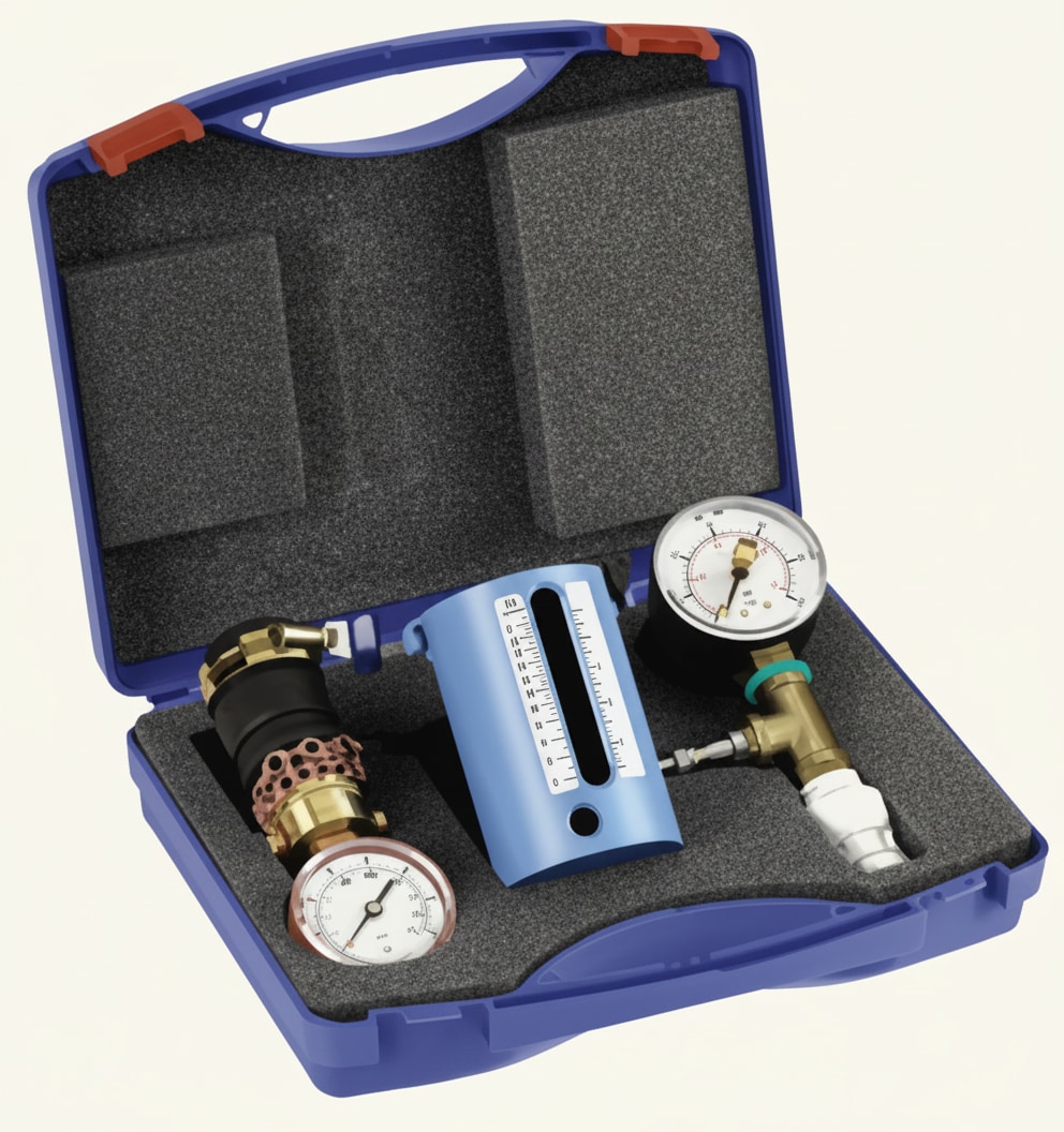 Commissioning kit including pressure gauge and weir cup, the standard tools for periodic maintenance checks