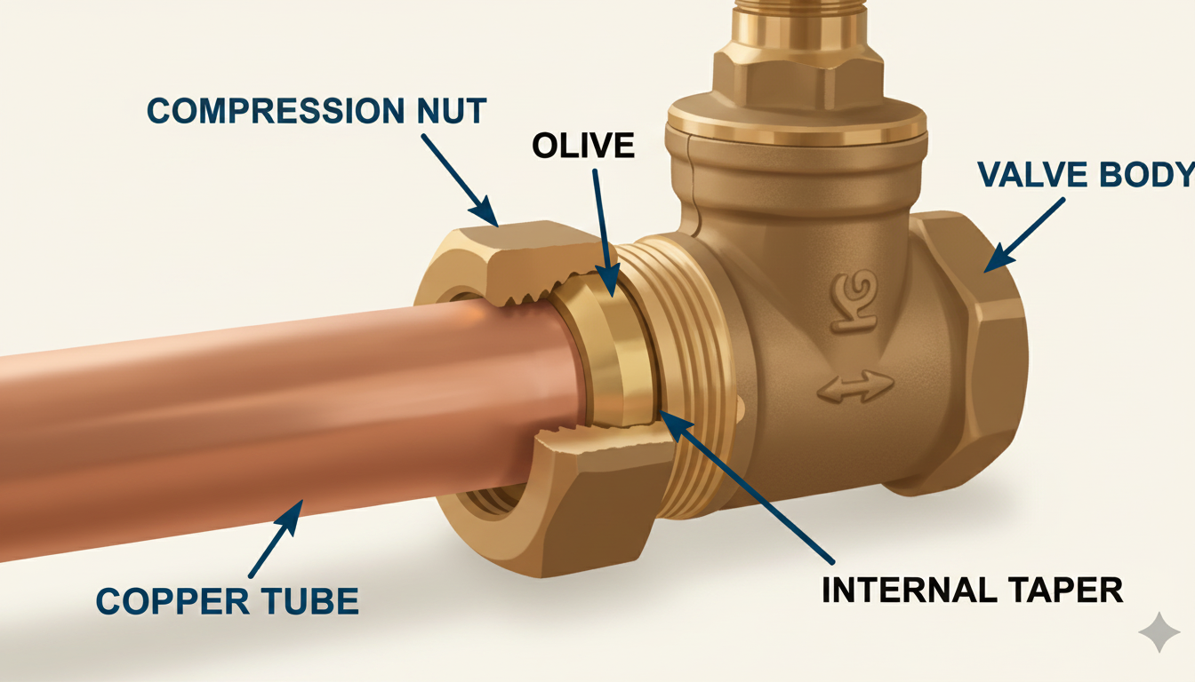 Cutaway view of a compression fitting showing nut, olive, body and pipe — the canonical mechanical joint