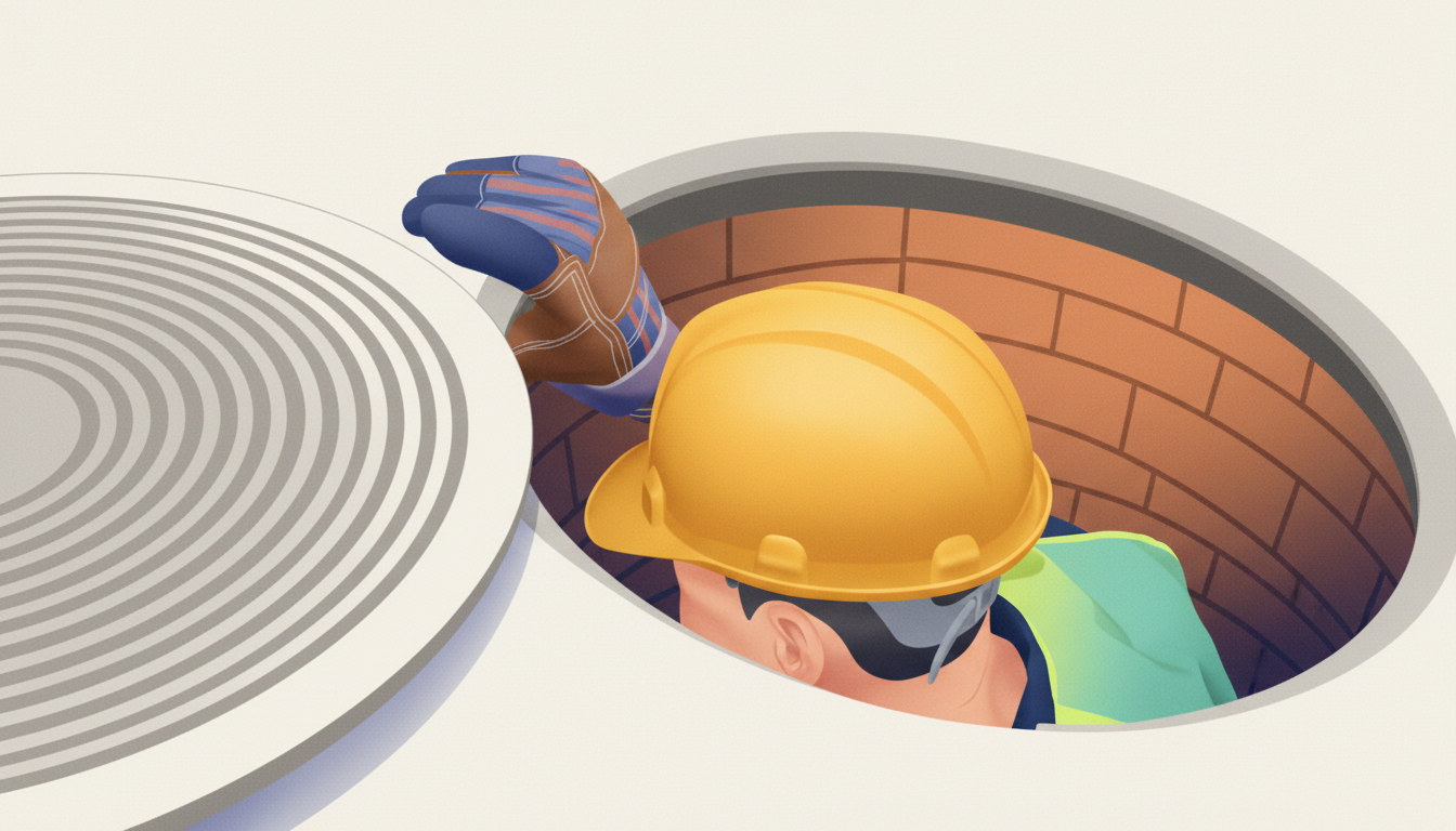 Worker in hi-vis and hard hat climbing down into a manhole, illustrating confined space entry