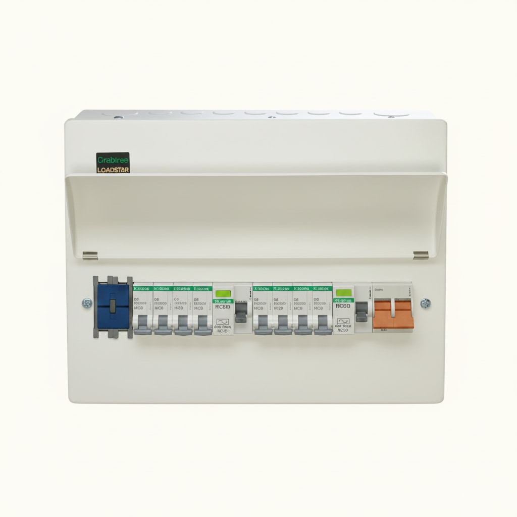 Domestic consumer unit with main switch and miniature circuit breakers protecting individual final circuits