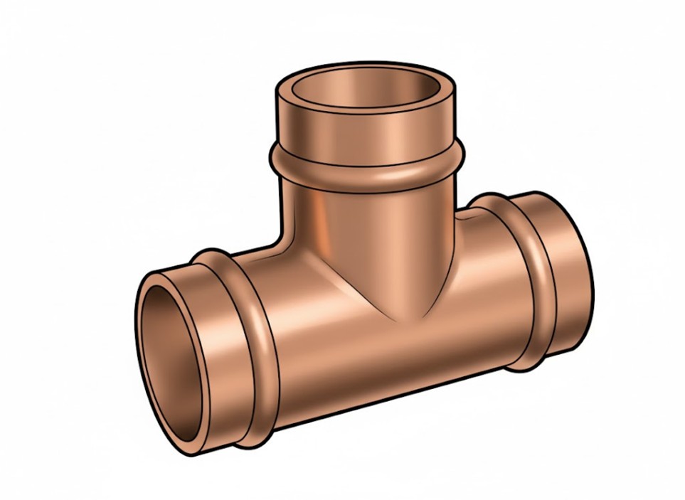 A copper tee fitting, illustrating the most common metal used for hot and cold water pipework