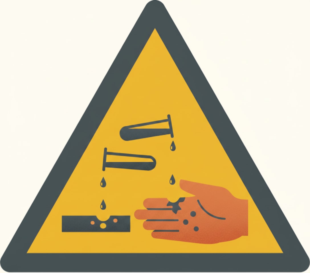 CLP pictogram showing liquid burning a hand and a surface, indicating a corrosive substance