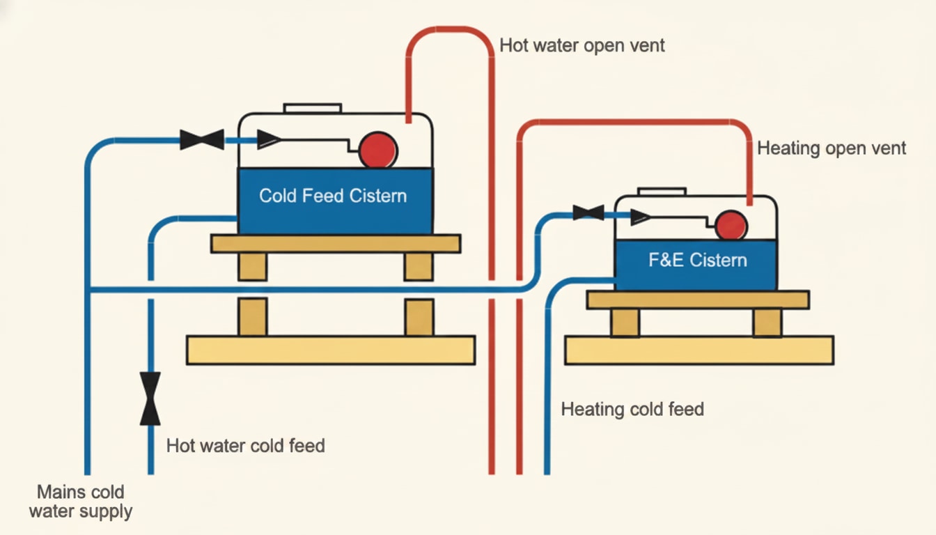 Diagram showing the cold water storage cistern (CWSC) feeding the hot water cylinder, with a separate F&E cistern feeding the primary heating circuit
