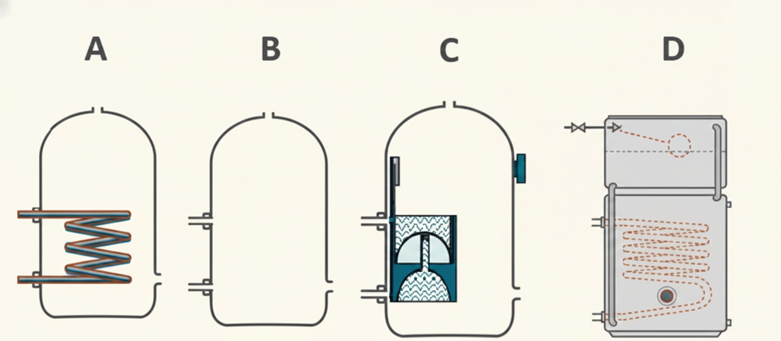 Four hot water cylinder types side by side, the canonical visual for identifying direct, double-feed indirect, single-feed indirect and combination cylinders