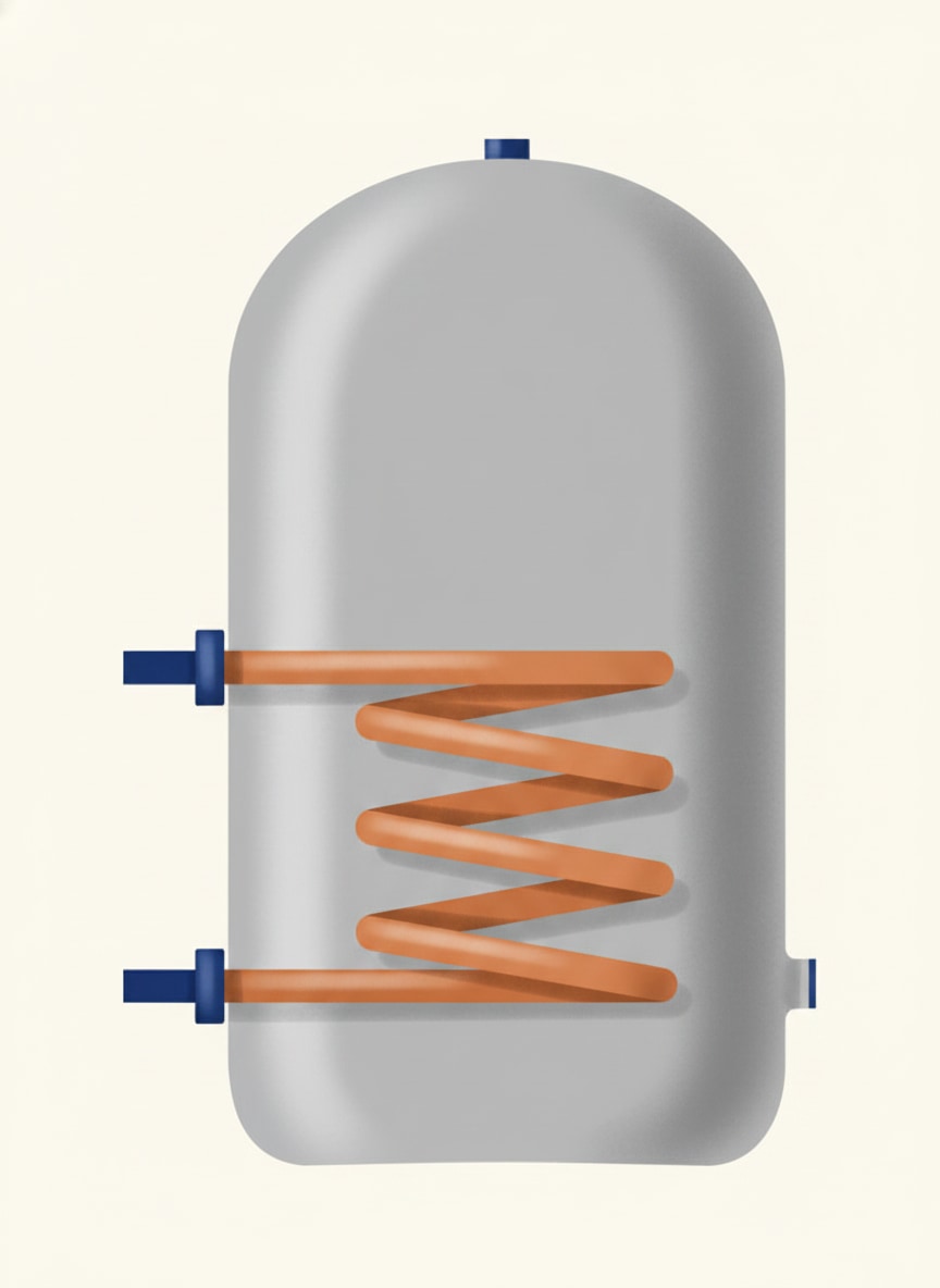 Double-feed indirect hot water cylinder with internal heating coil, kept entirely separate from the primary water by the coil wall