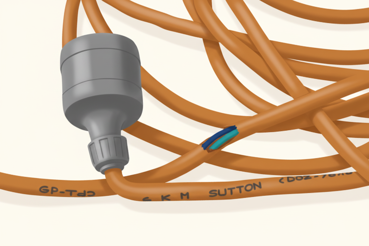Photograph of an orange extension cable with a damaged plug and frayed sheath, an example of the damage to look for during pre-use checks