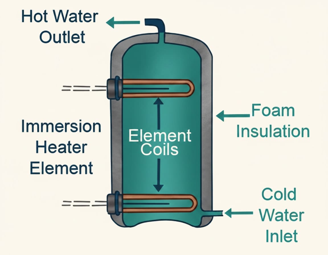Labelled diagram of a direct hot water cylinder with immersion heater