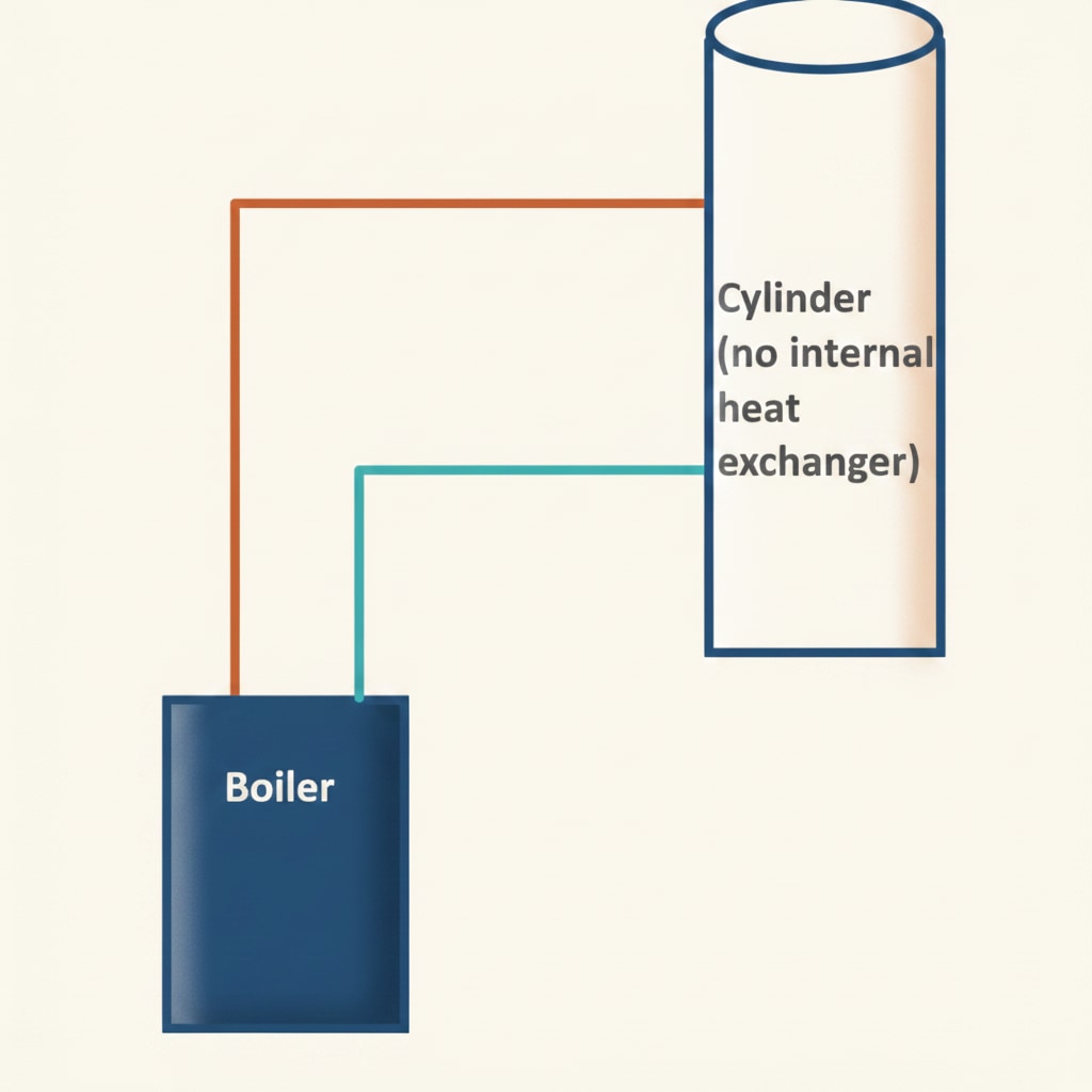 Direct hot water system where the cylinder is heated by an immersion heater or directly by the boiler with no separation between primary and secondary water