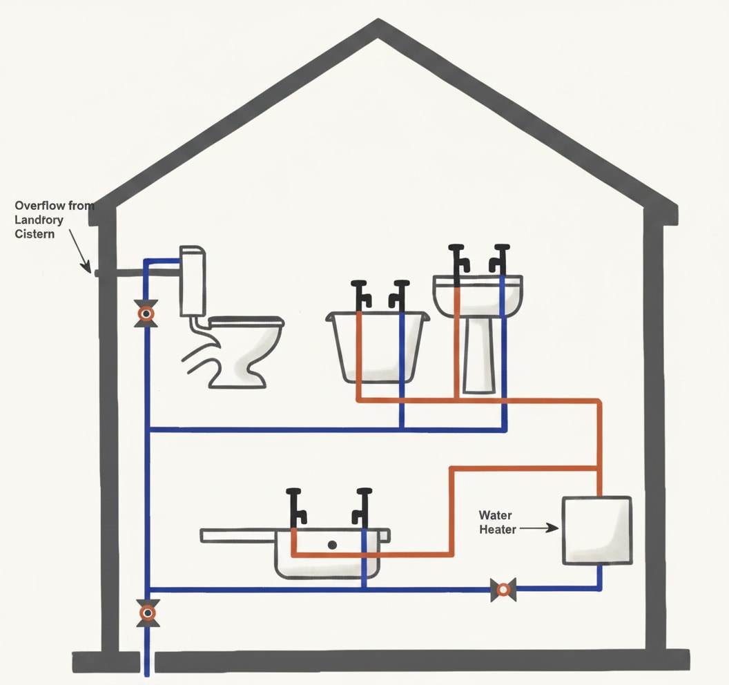 Schematic of a direct cold water system where every cold tap is fed directly from the rising main