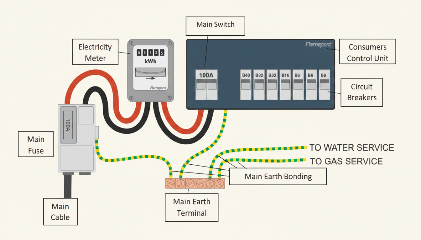 Diagram of an incoming domestic electrical supply showing the path from supplier's cut-out through the meter to the consumer unit