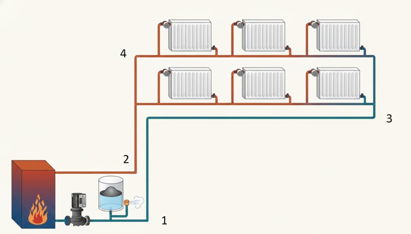 Drain-off valve positions on a central heating system showing where to drain different sections of the circuit