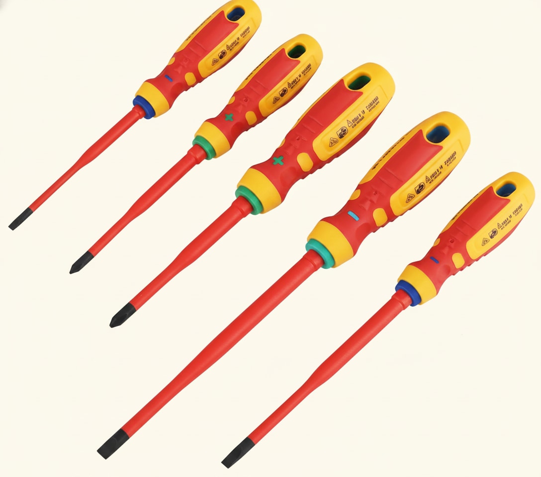 An insulated electrical screwdriver with a colour-coded shaft, the type required for working on electrical fittings