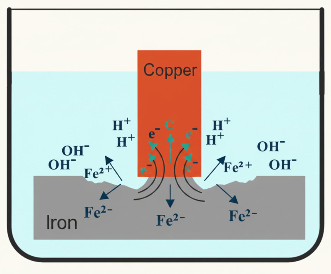 Diagram showing electrolytic corrosion: copper and iron in contact in an electrolyte, with iron releasing electrons and corroding