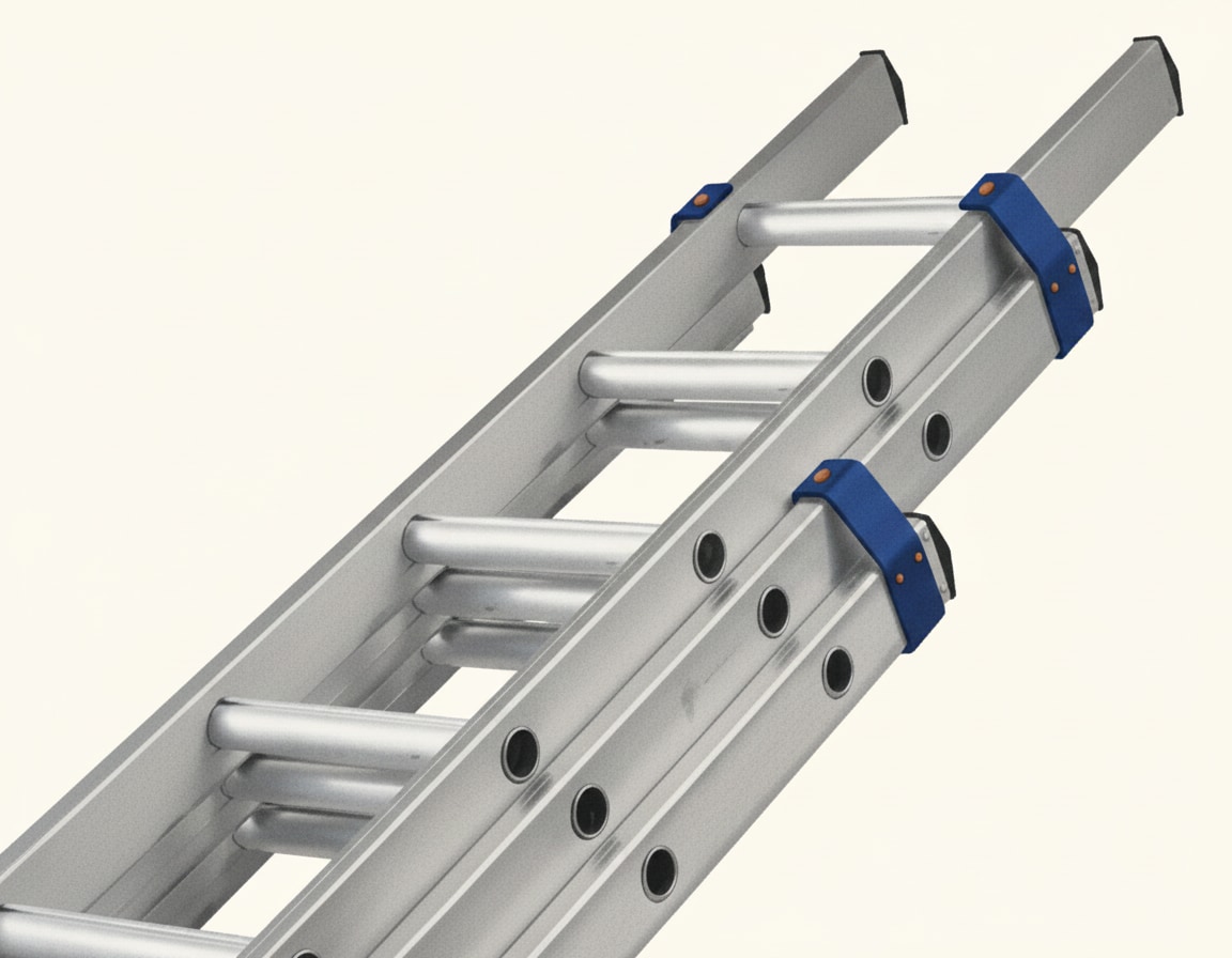 An extension ladder with two sliding sections, used for higher-level access