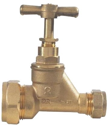 Brass external boundary stop valve with crutch handle, located at the property boundary