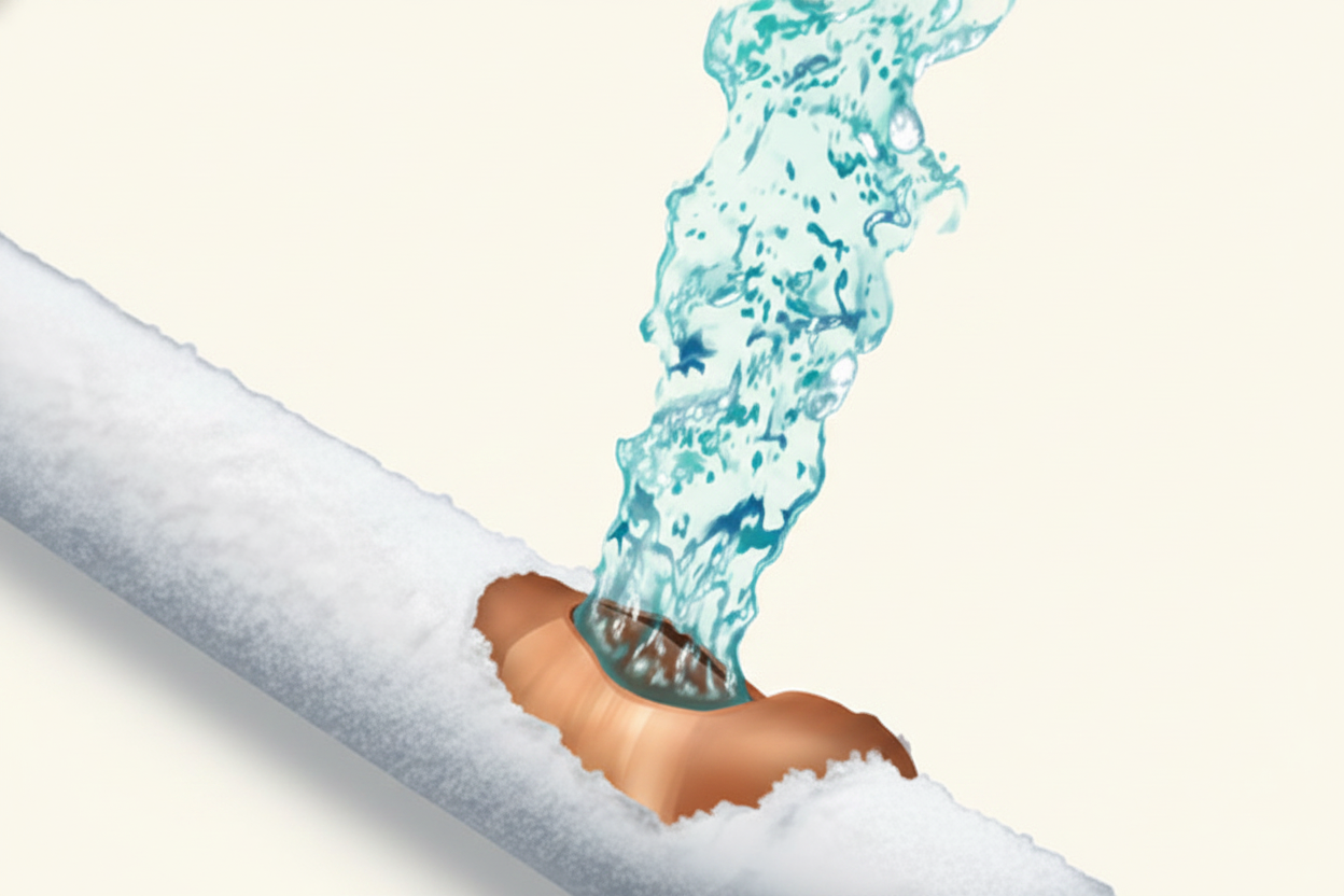 Copper pipe split open lengthways with ice and water bursting out, caused by water expanding by 9% when it freezes