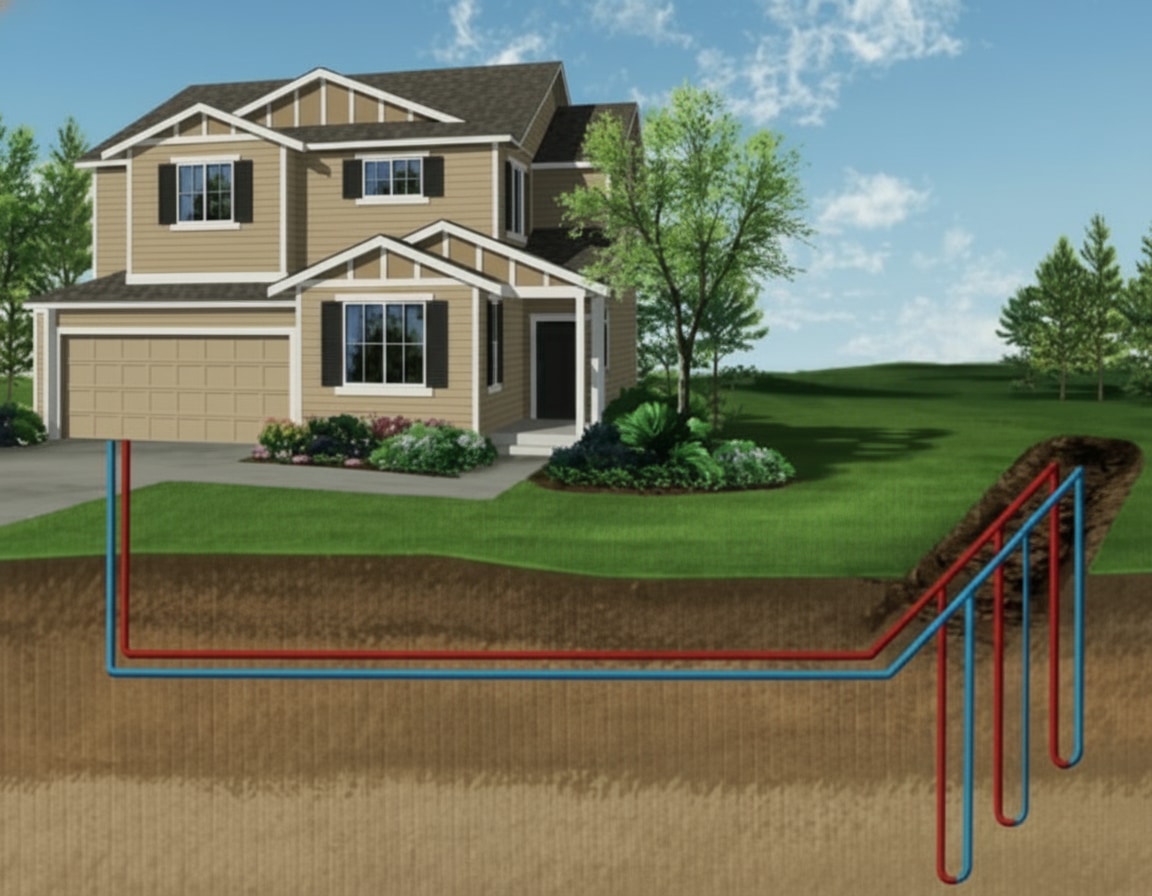 Ground source heat pump system diagram showing the buried ground loop, heat pump unit and connection to the hot water and heating circuits