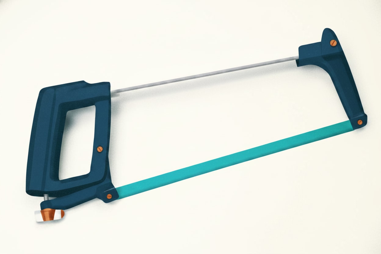 A standard hacksaw with a tensioned blade, the main hand saw for cutting metal pipe