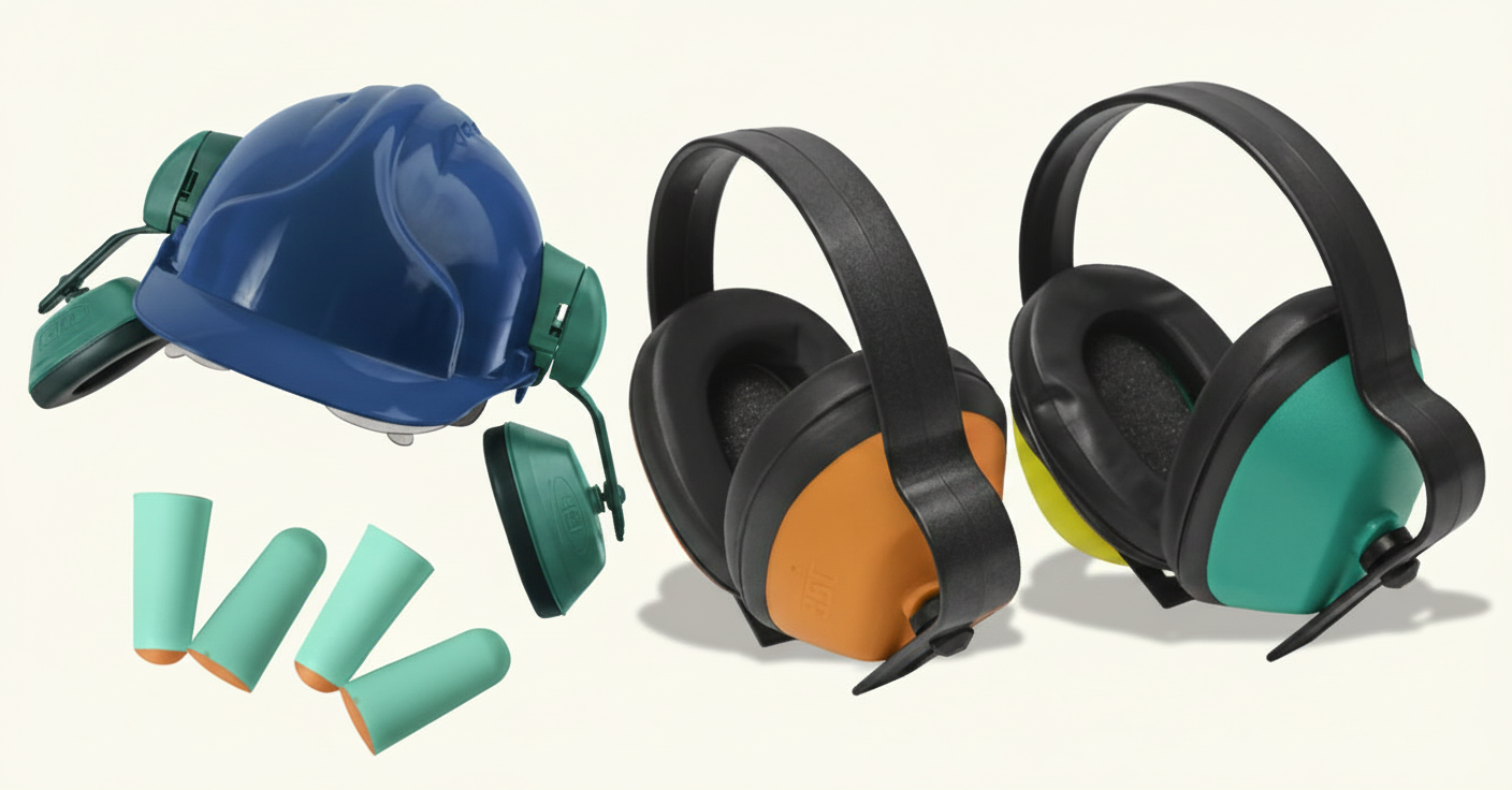 Three types of hearing protection: helmet-mounted ear defenders, foam earplugs and over-the-ear headphone-style defenders