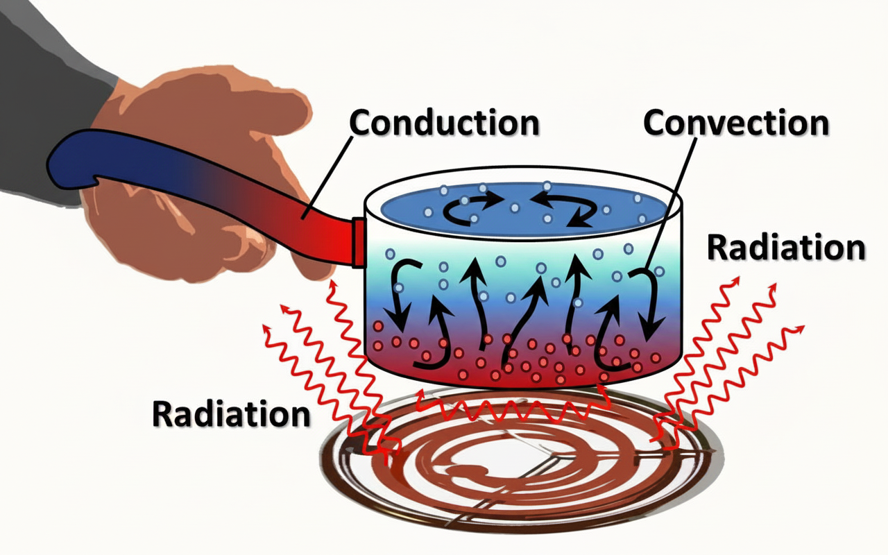 Pan on a hob showing all three heat transfer modes simultaneously: conduction up the handle, convection currents in the water and radiation from the flame