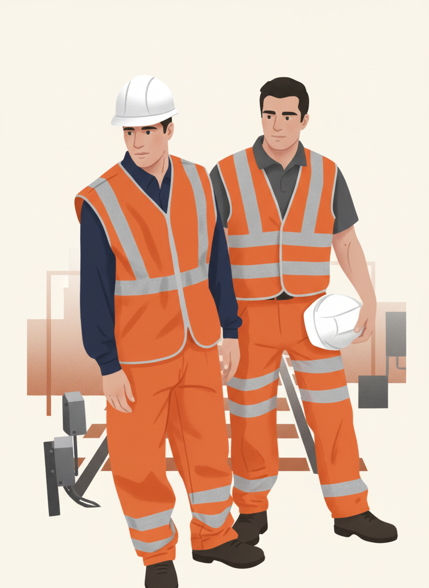Two workers in orange high-visibility jackets and trousers on a railway worksite