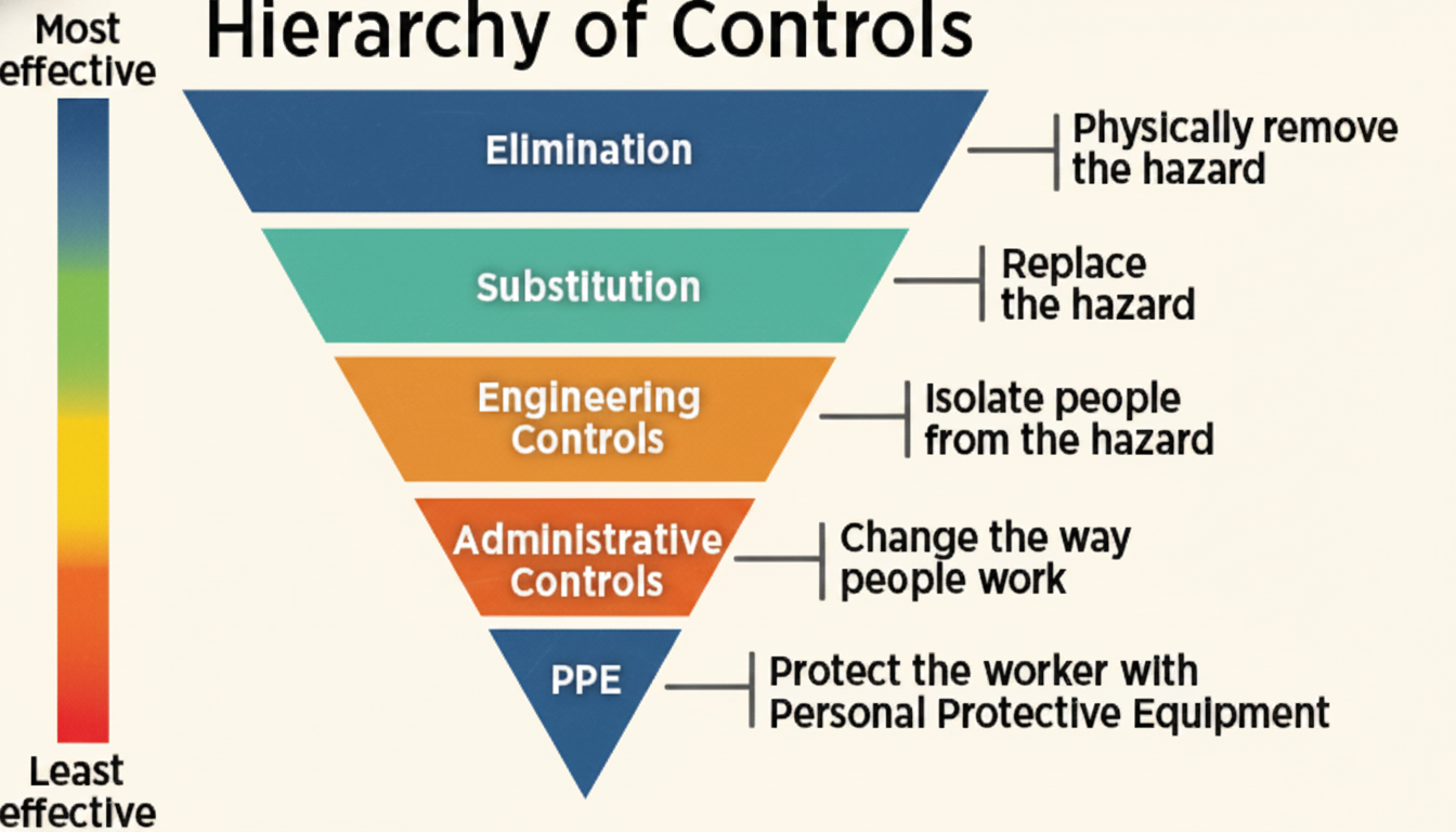Hierarchy of risk control measures shown as an inverted pyramid: elimination, substitution, engineering controls, administrative controls, PPE