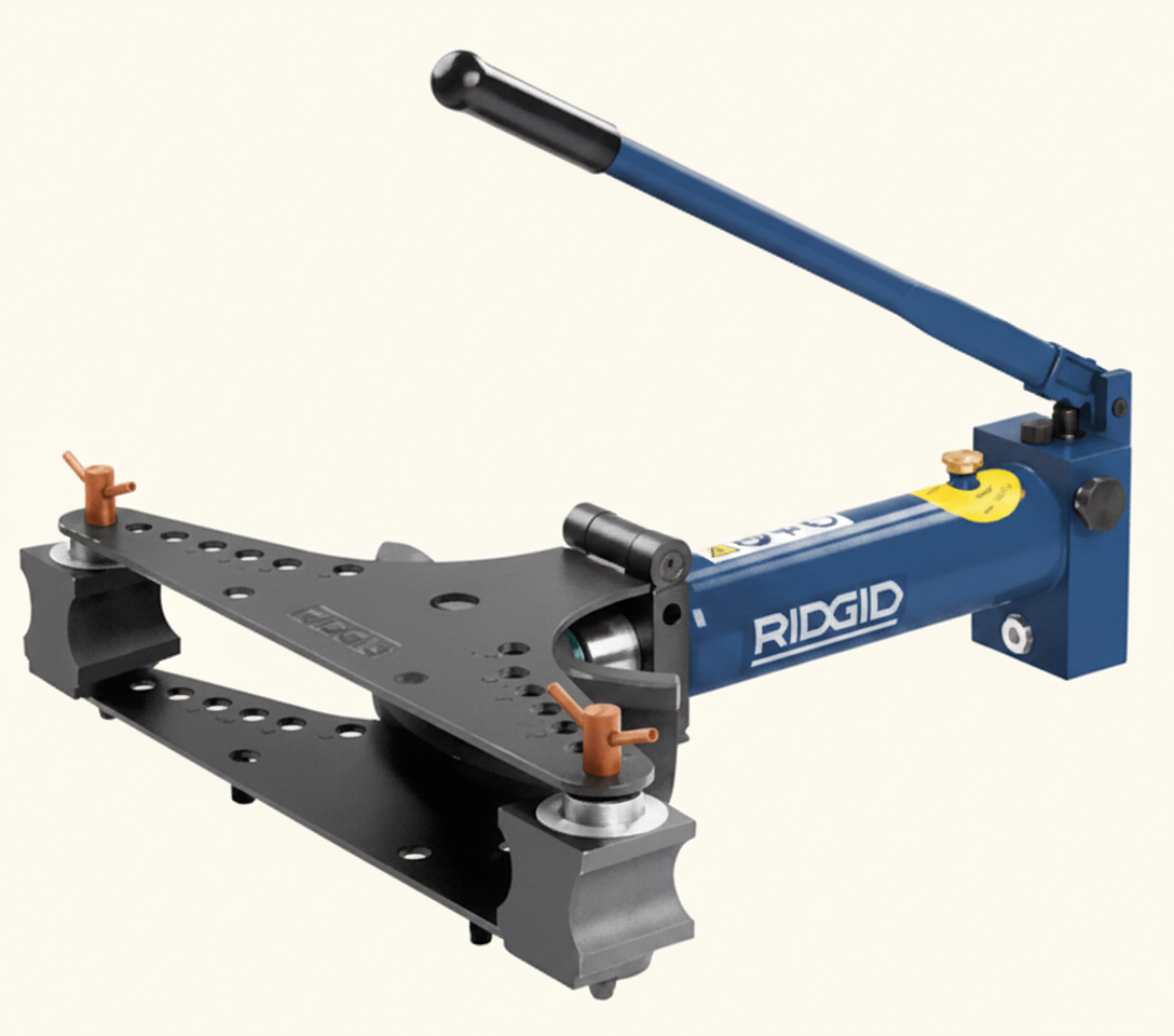Heavy-duty hydraulic pipe bender with a hand-pump lever and pipe formers for bending larger or harder pipe