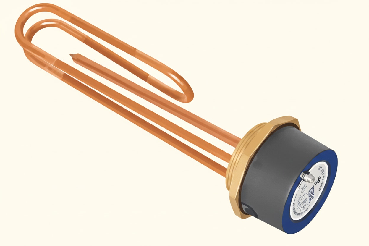 An immersion heater element fitted into a hot water cylinder, the standard electric heat source for stored hot water