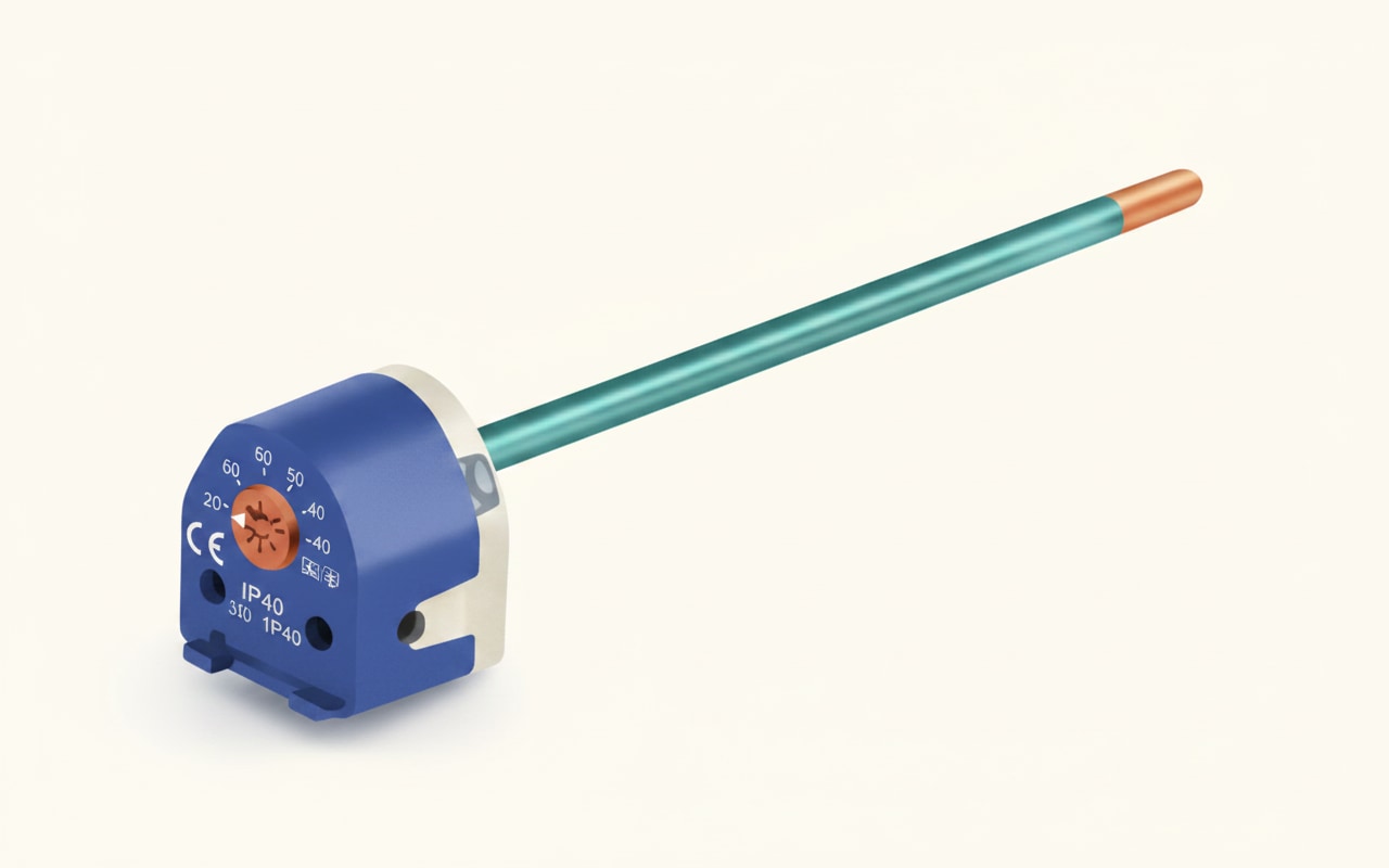 An immersion thermostat that switches the immersion heater off when the stored water reaches the set temperature